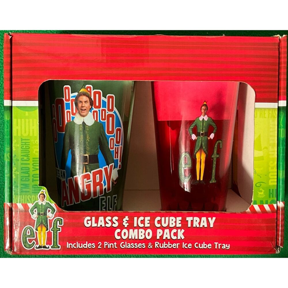 New in Box  ELF 2- 16oz Glass Glasses and Ice Cube Tray Combo
